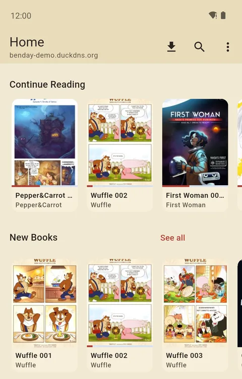 Benday's Home screen: Continue reading and New books shelves with comic covers